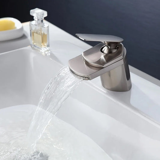 Modern Brushed Nickel Waterfall Sink Faucet – Single Handle, 1-Hole