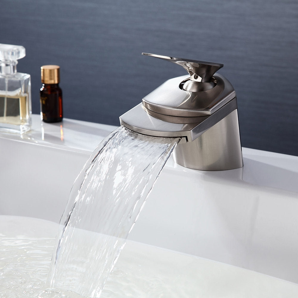 Modern Brushed Nickel Waterfall Sink Faucet – Single Handle, 1-Hole