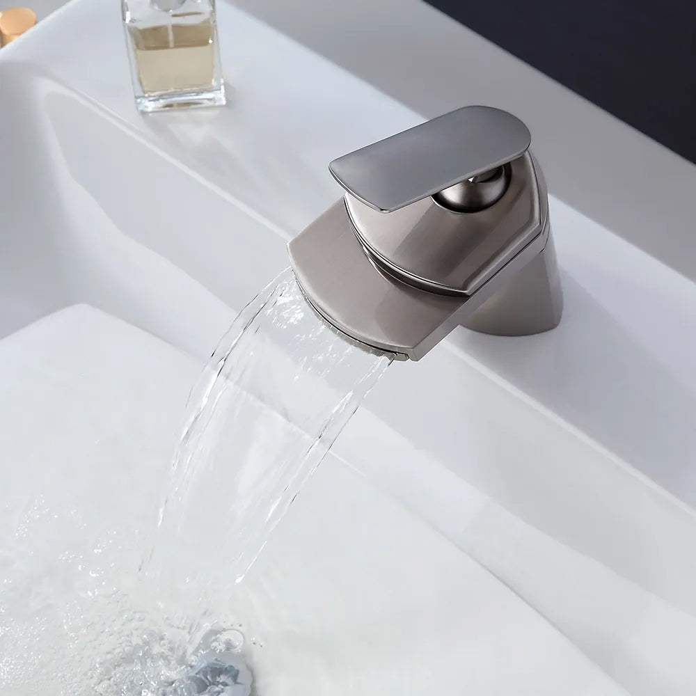 Modern Brushed Nickel Waterfall Sink Faucet – Single Handle, 1-Hole