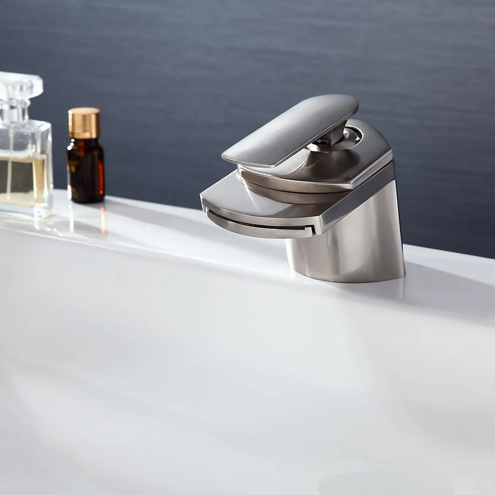 Modern Brushed Nickel Waterfall Sink Faucet – Single Handle, 1-Hole
