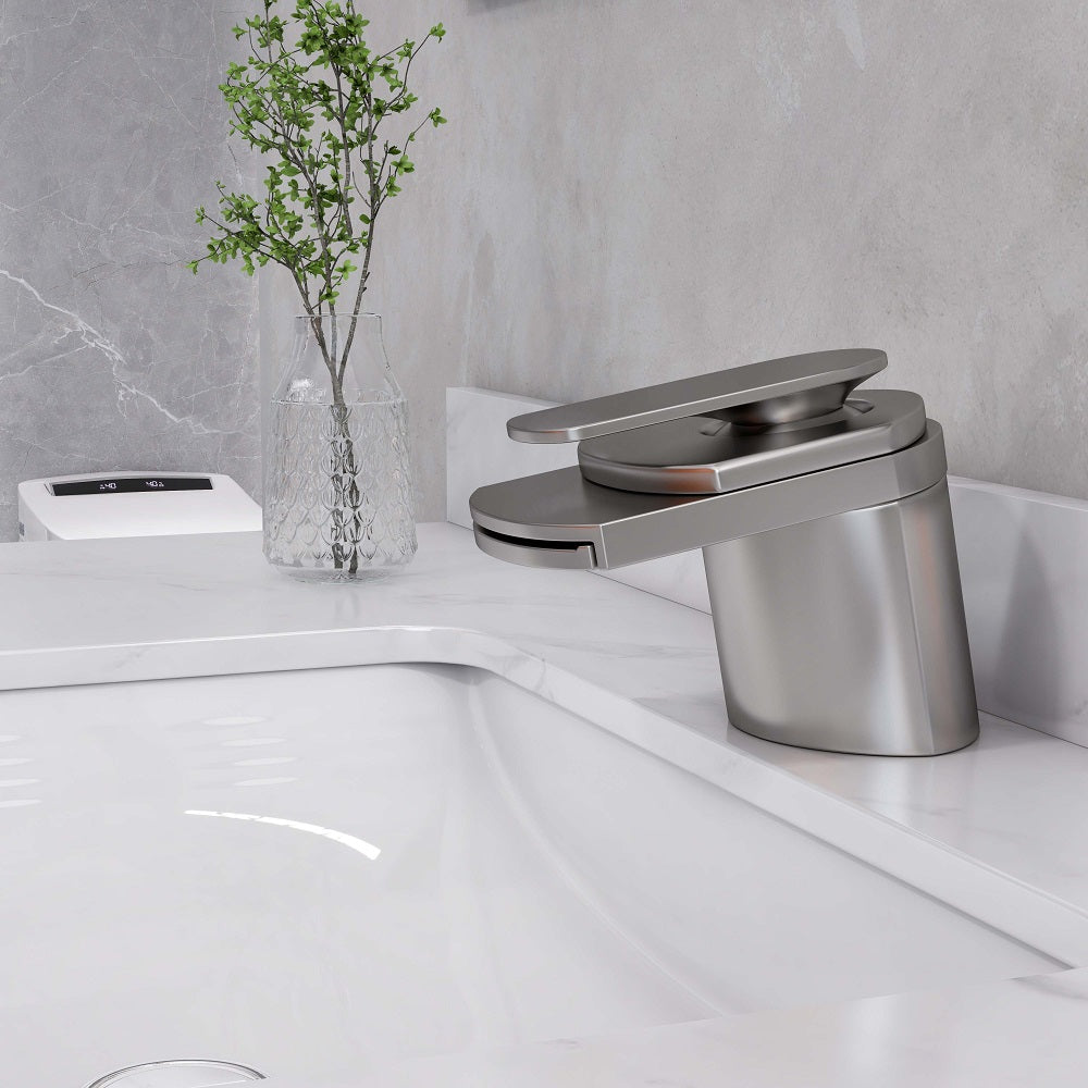 Modern Brushed Nickel Waterfall Sink Faucet – Single Handle, 1-Hole