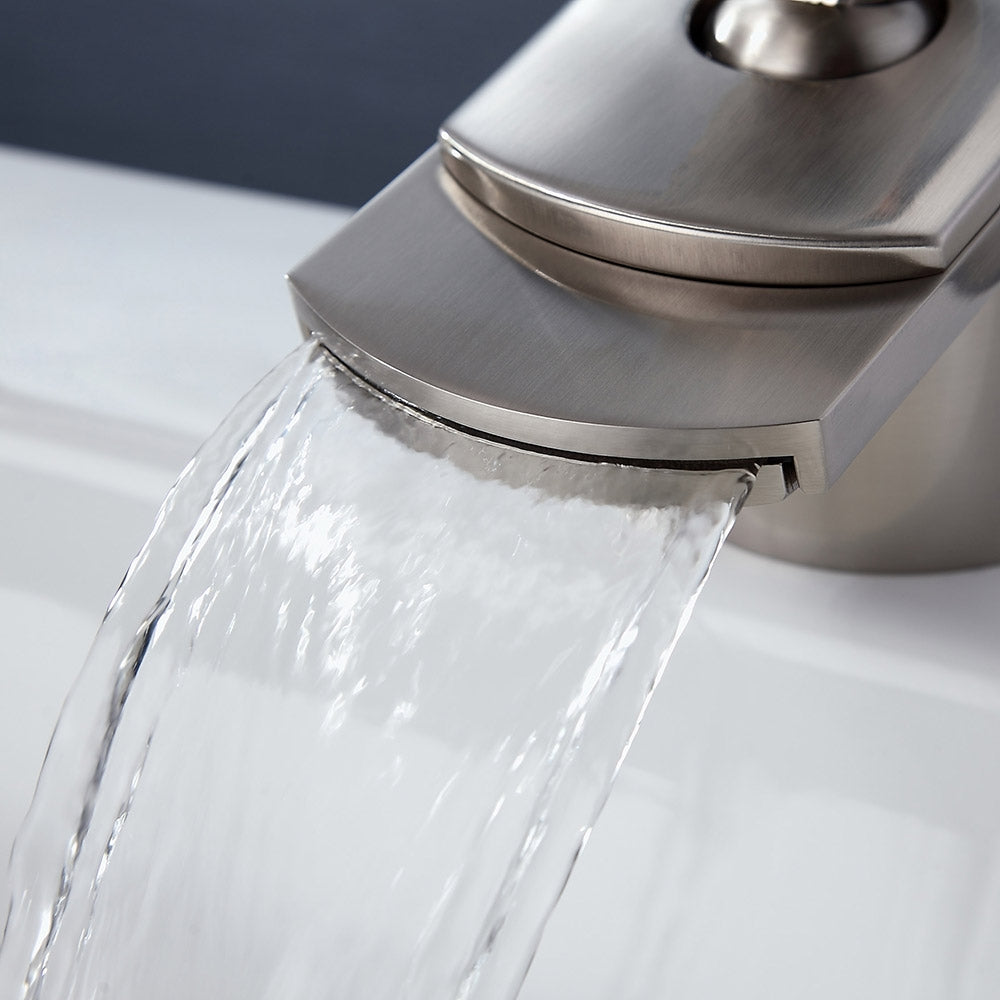 Modern Brushed Nickel Waterfall Sink Faucet – Single Handle, 1-Hole