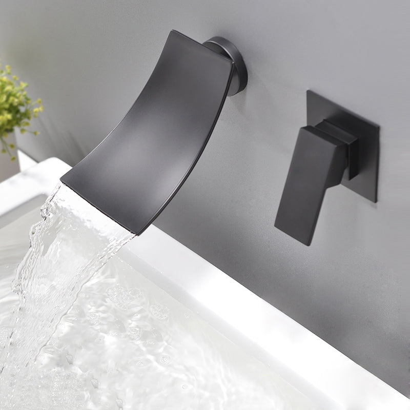 Modern Single Handle Wall Mounted Waterfall Bathroom Sink Faucet Matte Black