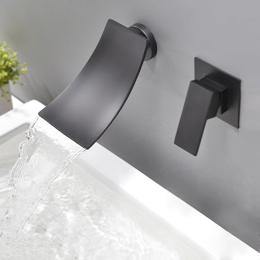 Modern Single Handle Wall Mounted Waterfall Bathroom Sink Faucet Matte Black