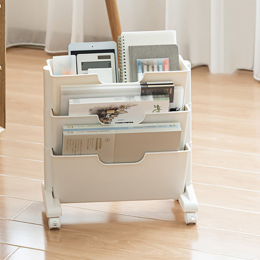 Modern 3-Tier White Rolling Book & Magazine Organizer Cart with Storage
