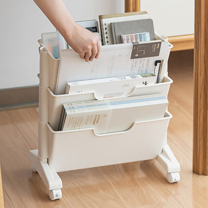 Modern 3-Tier White Rolling Book & Magazine Organizer Cart with Storage