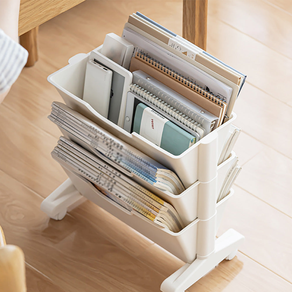 Modern 3-Tier White Rolling Book & Magazine Organizer Cart with Storage