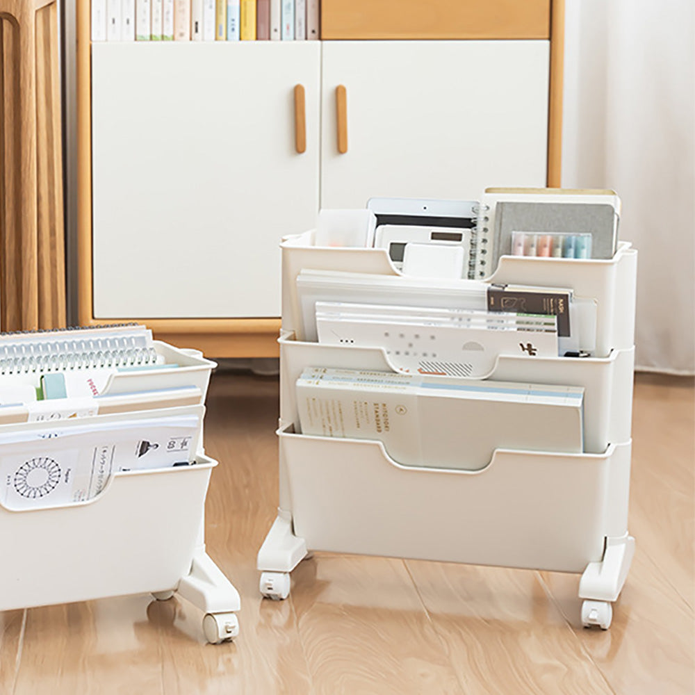 Modern 3-Tier White Rolling Book & Magazine Organizer Cart with Storage