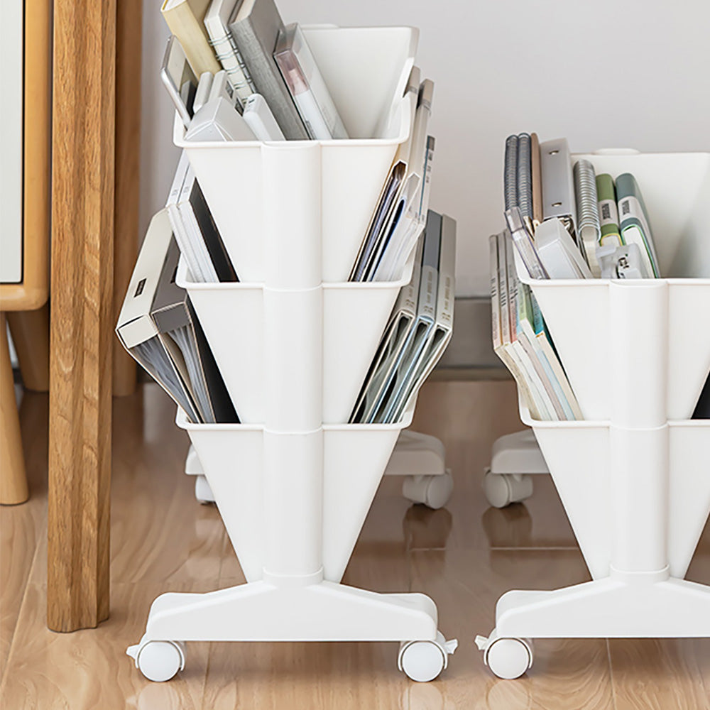 Modern 3-Tier White Rolling Book & Magazine Organizer Cart with Storage