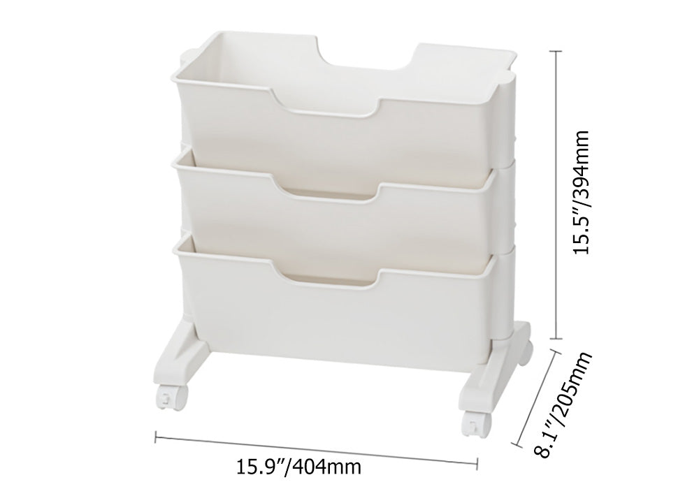 Modern 3-Tier White Rolling Book & Magazine Organizer Cart with Storage