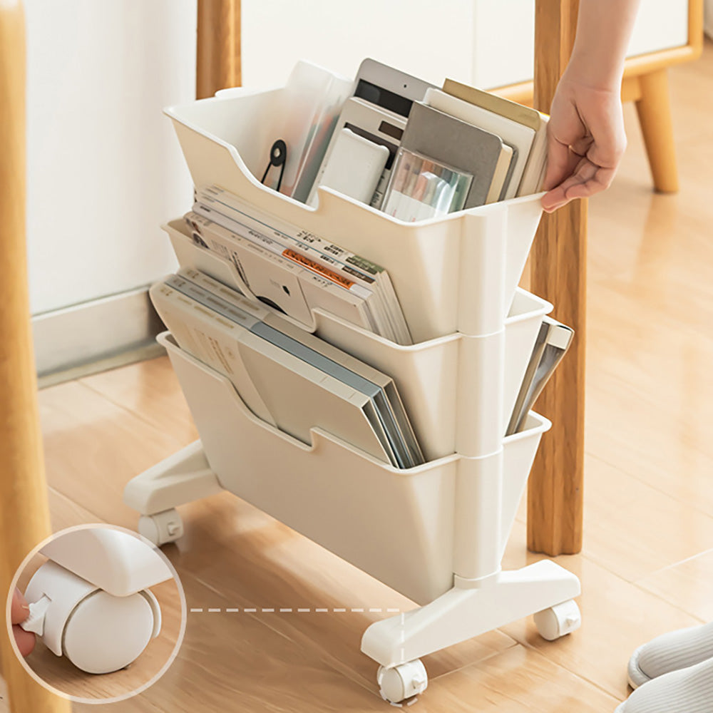 Modern 3-Tier White Rolling Book & Magazine Organizer Cart with Storage
