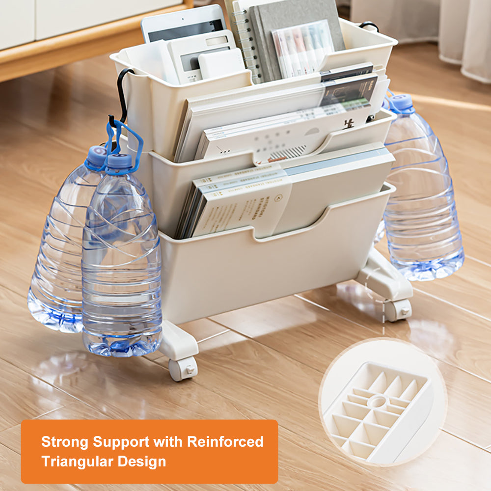 Modern 3-Tier White Rolling Book & Magazine Organizer Cart with Storage