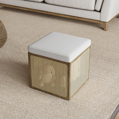 18.1'' Boho Rattan Storage Ottoman Square Foot Stool in Khaki & Natural