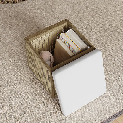 18.1'' Boho Rattan Storage Ottoman Square Foot Stool in Khaki & Natural