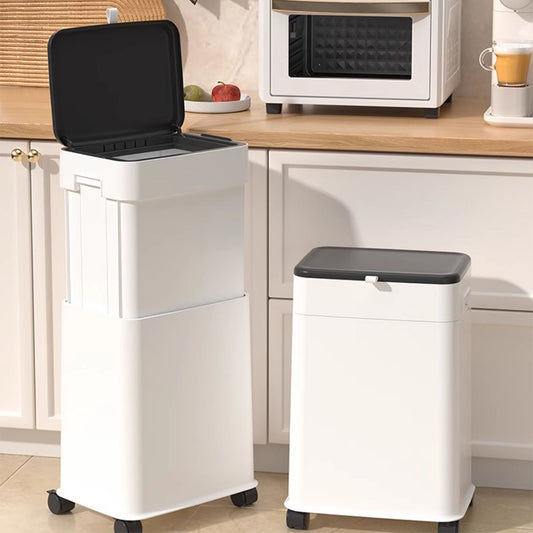 White Rolling Kitchen Trash Can with Liftable Lid – Covered Garbage Bin