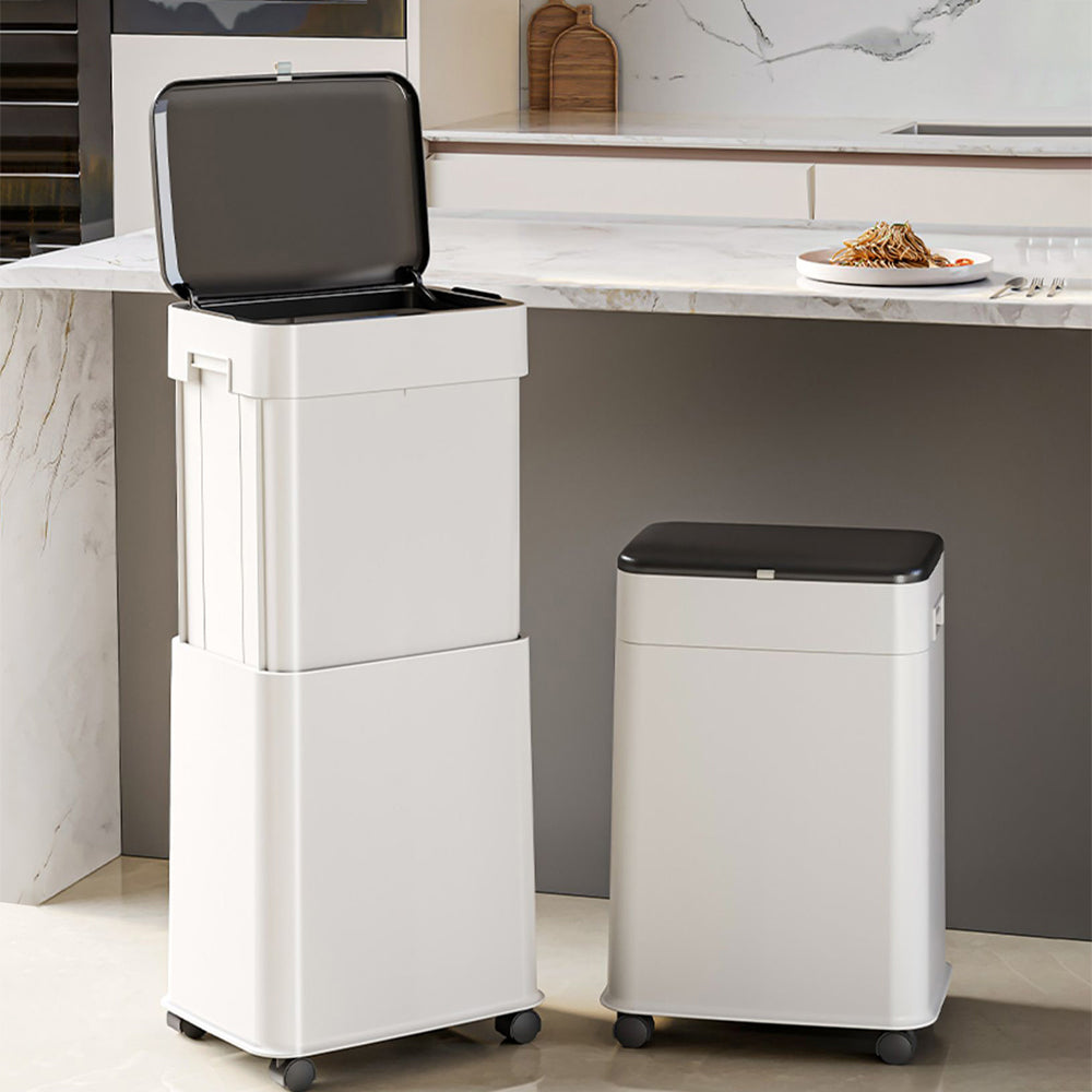 White Rolling Kitchen Trash Can with Liftable Lid – Covered Garbage Bin