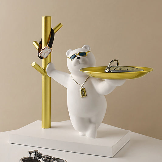 White & Gold Resin Bear Tray – Decorative Storage Holder for Home & Desk