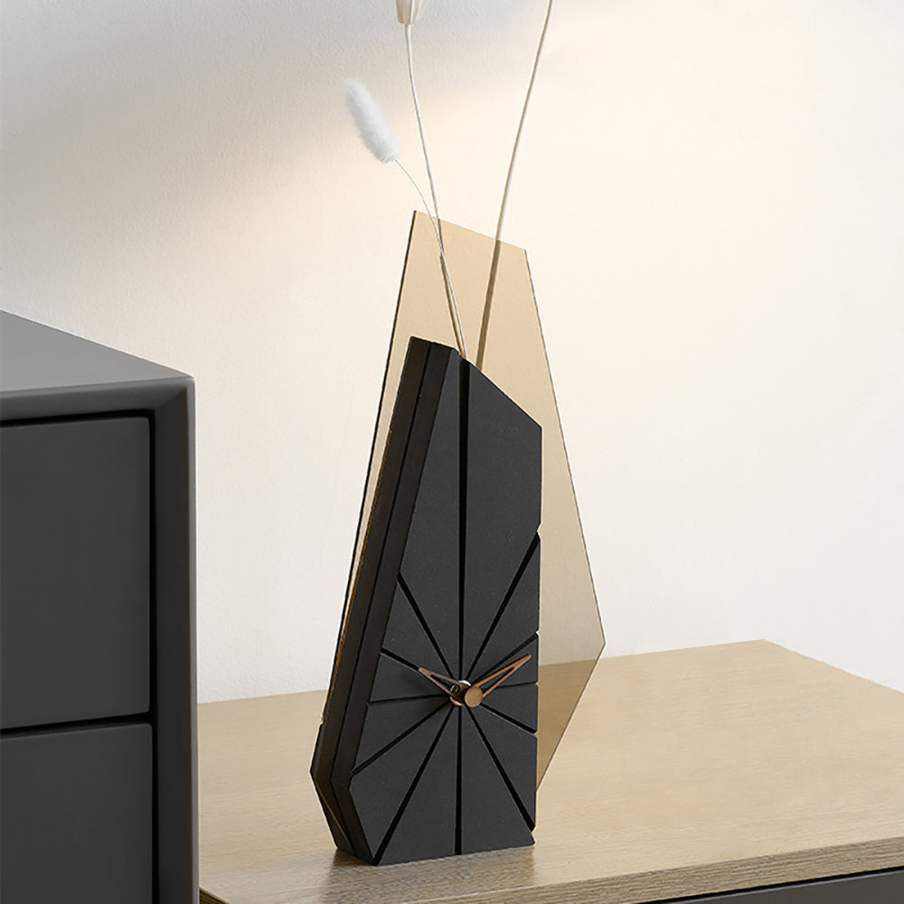 Modern Black Wood Geometric Mantel Clock – Tabletop Abstract Timepiece